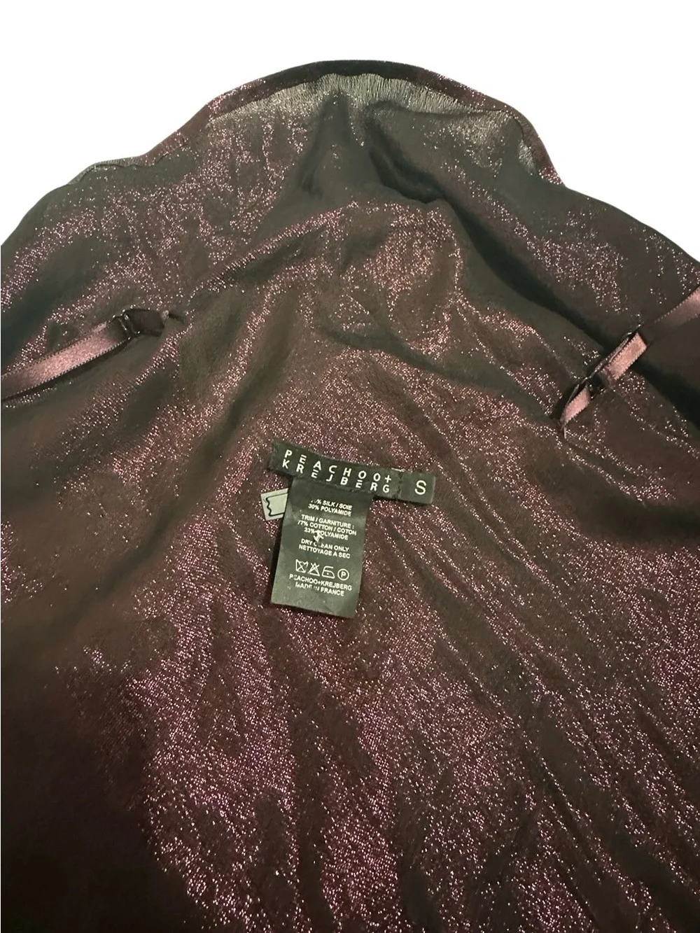 Peachoo + Krejberg Paris metallic plum silk draped halter dress — Made in France